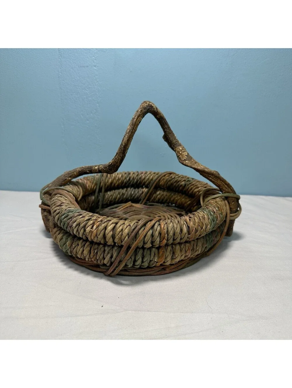 Vintage Rustic Twig Handle Woven Basket Boho Gathering Vine Handle Coil Wicker